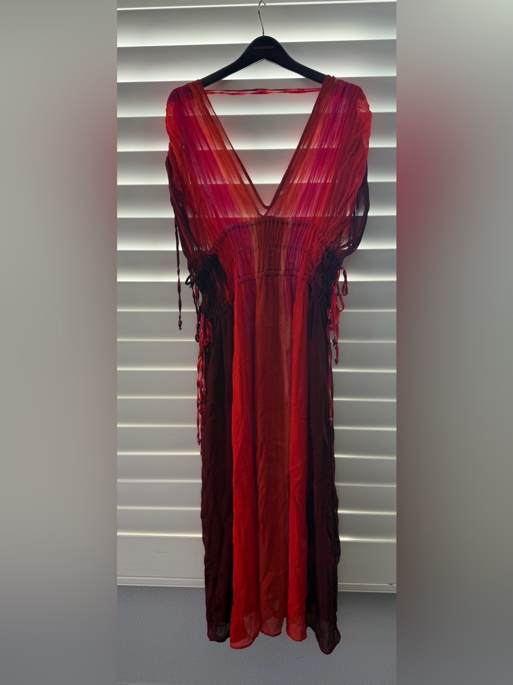 Zara Viscose Red Burgundy Ombre V-Neck Maxi Dress
